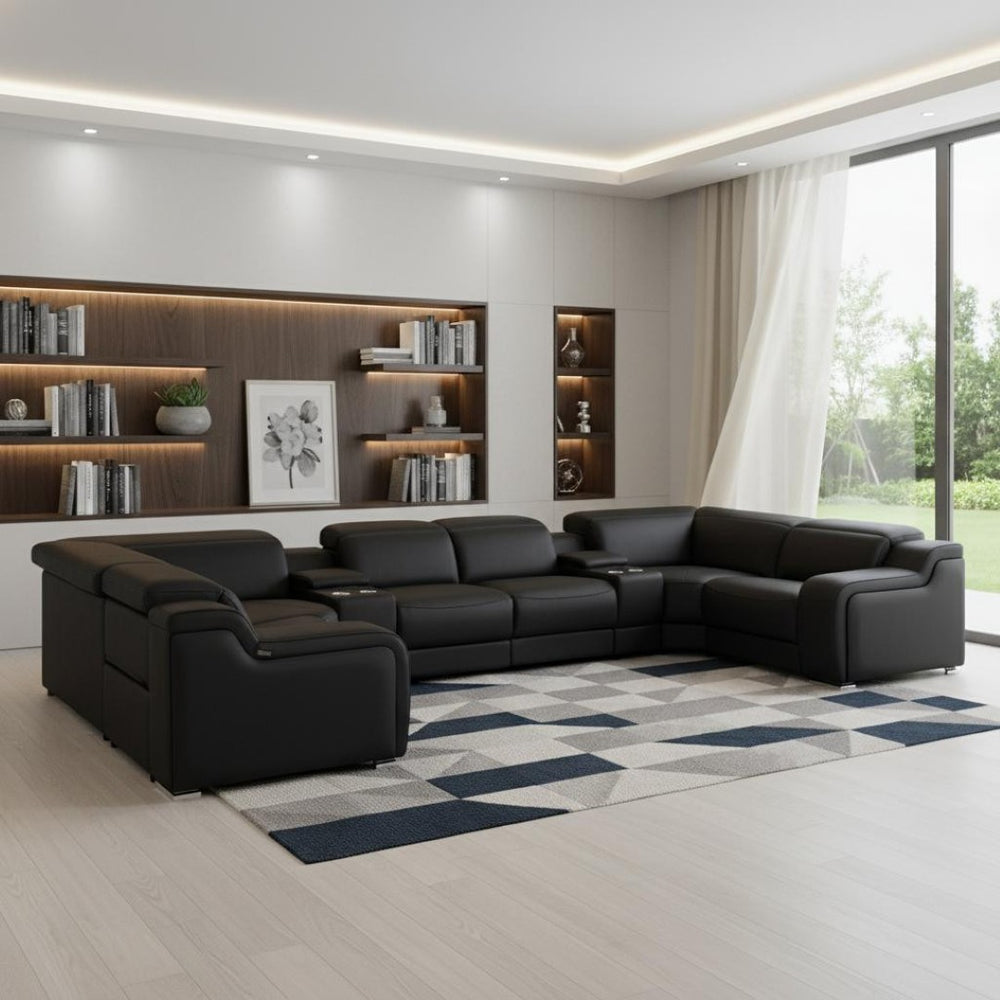 HomeRoots Black Italian Leather U-Shaped Sectional Sofa with Power Recline, USB Charging & Modern Design 632569