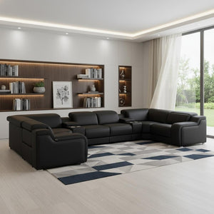 HomeRoots Black Italian Leather U-Shaped Sectional Sofa with Power Recline, USB Charging & Modern Design 632569