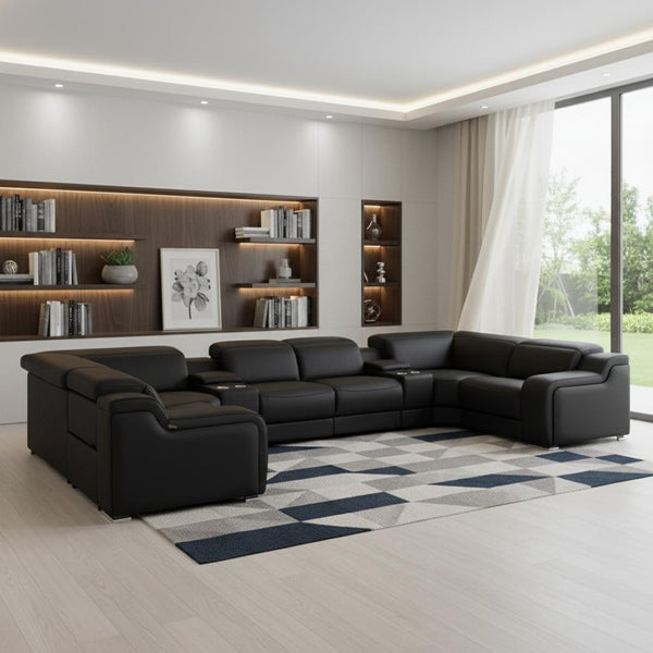 HomeRoots Black Italian Leather U-Shaped Sectional Sofa with Power Recline, USB Charging & Modern Design 632569
