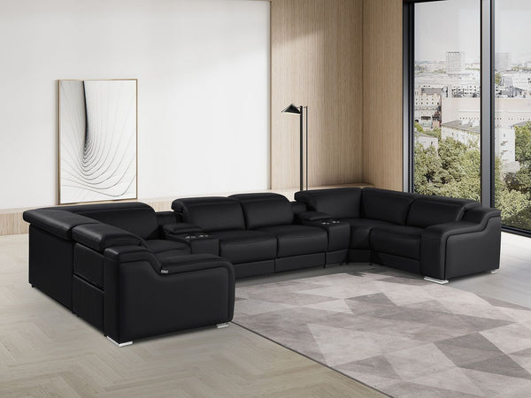 HomeRoots Black Italian Leather U-Shaped Sectional Sofa with Power Recline, USB Charging & Modern Design 632569