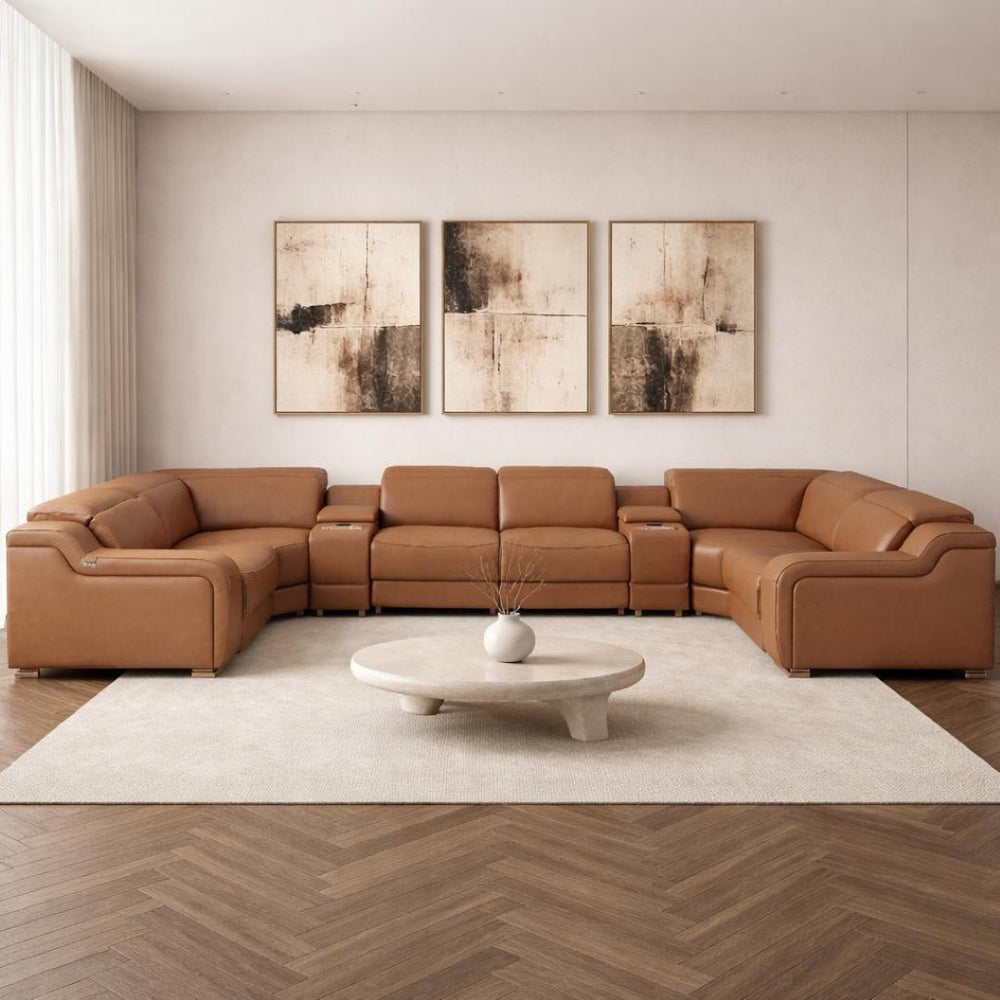 HomeRoots Chestnut Italian Leather Power Reclining U-Shaped Sectional Sofa with Console & USB Charging Stations 632570