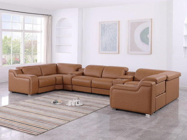 HomeRoots Chestnut Italian Leather Power Reclining U-Shaped Sectional Sofa with Console & USB Charging Stations 632570