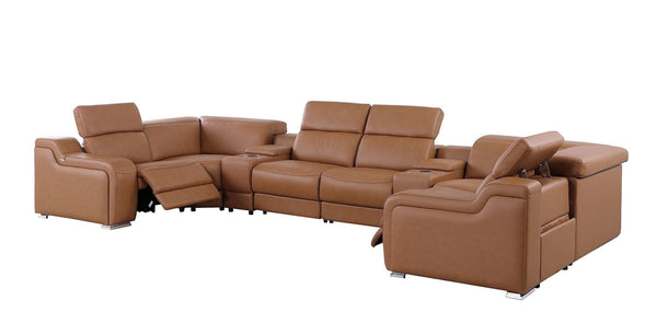 HomeRoots Chestnut Italian Leather Power Reclining U-Shaped Sectional Sofa with Console & USB Charging Stations 632570