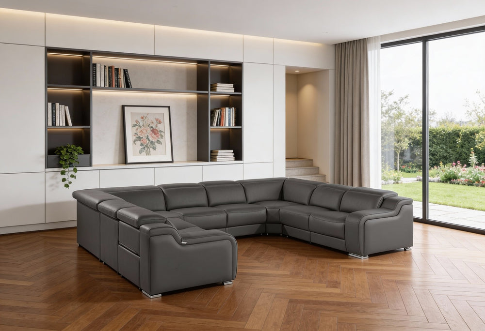 HomeRoots Dark Gray Italian Leather Power Reclining U-Shaped Sectional - Luxurious Comfort for 8! 632574