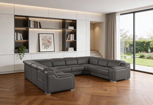 HomeRoots Dark Gray Italian Leather Power Reclining U-Shaped Sectional - Luxurious Comfort for 8! 632574