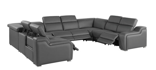 HomeRoots Dark Gray Italian Leather Power Reclining U-Shaped Sectional - Luxurious Comfort for 8! 632574