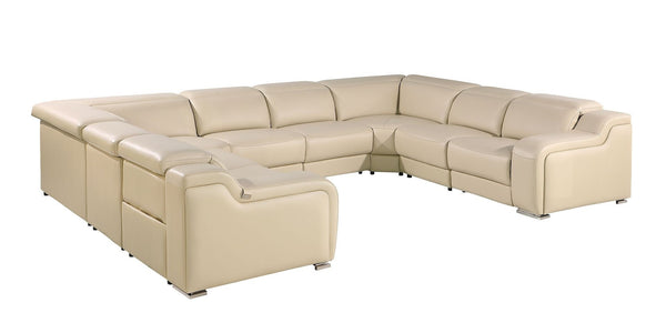 HomeRoots Beige Italian Leather Power Reclining U-Shaped Sectional with Console - Luxury Comfort & Style 632575