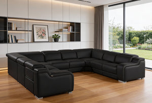 HomeRoots Black Italian Leather U-Shaped Power Reclining Sectional Sofa with Console & USB Charging Ports 632576