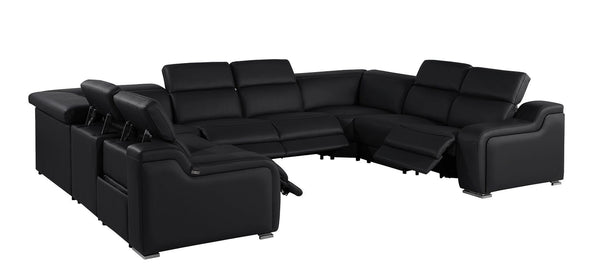 HomeRoots Black Italian Leather U-Shaped Power Reclining Sectional Sofa with Console & USB Charging Ports 632576