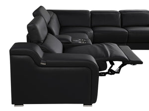 HomeRoots Black Italian Leather U-Shaped Power Reclining Sectional Sofa with Console & USB Charging Ports 632576