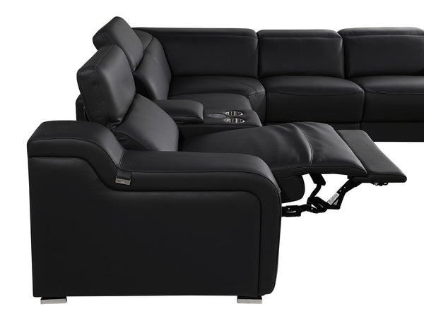 HomeRoots Black Italian Leather U-Shaped Power Reclining Sectional Sofa with Console & USB Charging Ports 632576