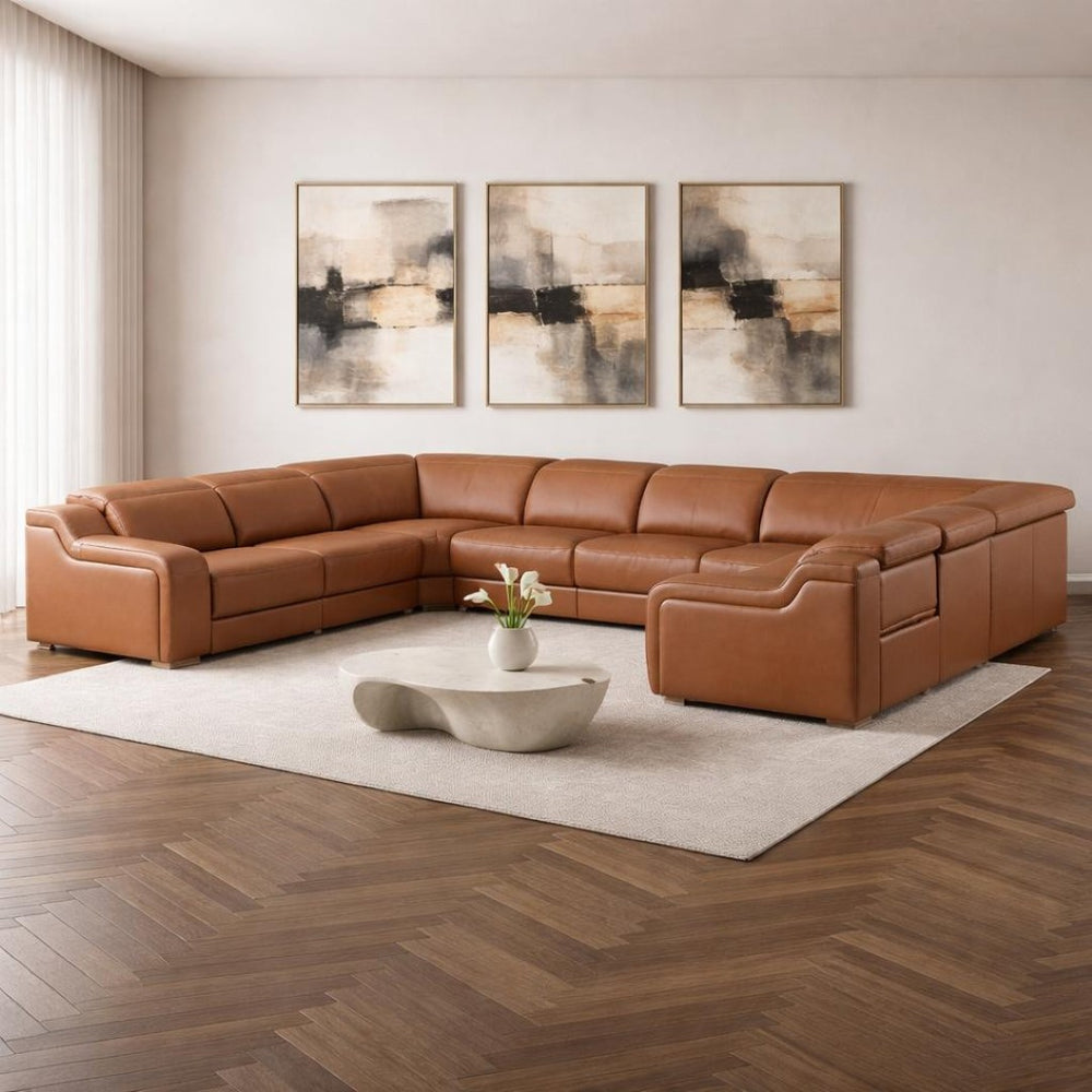 HomeRoots Chestnut Italian Leather U-Shaped Power Reclining Sectional with Console - Luxurious Comfort & Style 632577