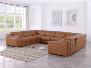 HomeRoots Chestnut Italian Leather U-Shaped Power Reclining Sectional with Console - Luxurious Comfort & Style 632577