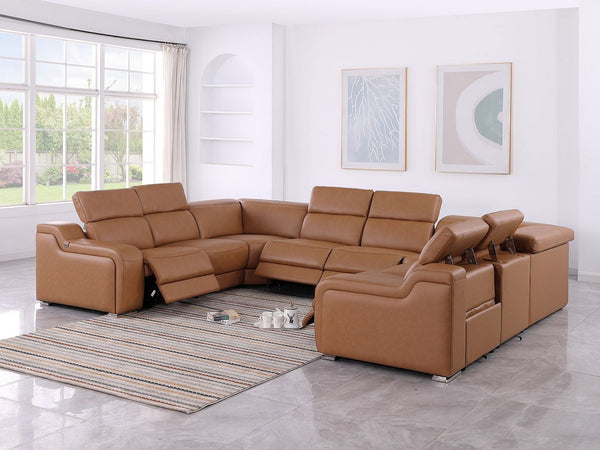 HomeRoots Chestnut Italian Leather U-Shaped Power Reclining Sectional with Console - Luxurious Comfort & Style 632577