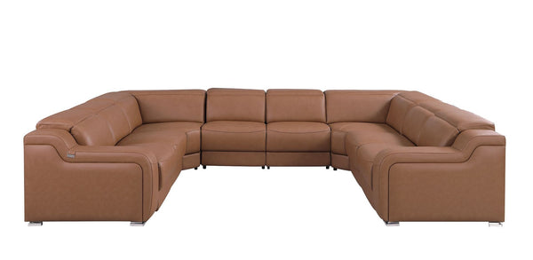 HomeRoots Chestnut Italian Leather U-Shaped Power Reclining Sectional with Console - Luxurious Comfort & Style 632577
