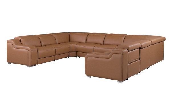 HomeRoots Chestnut Italian Leather U-Shaped Power Reclining Sectional with Console - Luxurious Comfort & Style 632577