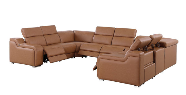 HomeRoots Chestnut Italian Leather U-Shaped Power Reclining Sectional with Console - Luxurious Comfort & Style 632577