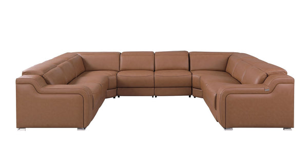 HomeRoots Chestnut Italian Leather U-Shaped Power Reclining Sectional with Console - Luxurious Comfort & Style 632577