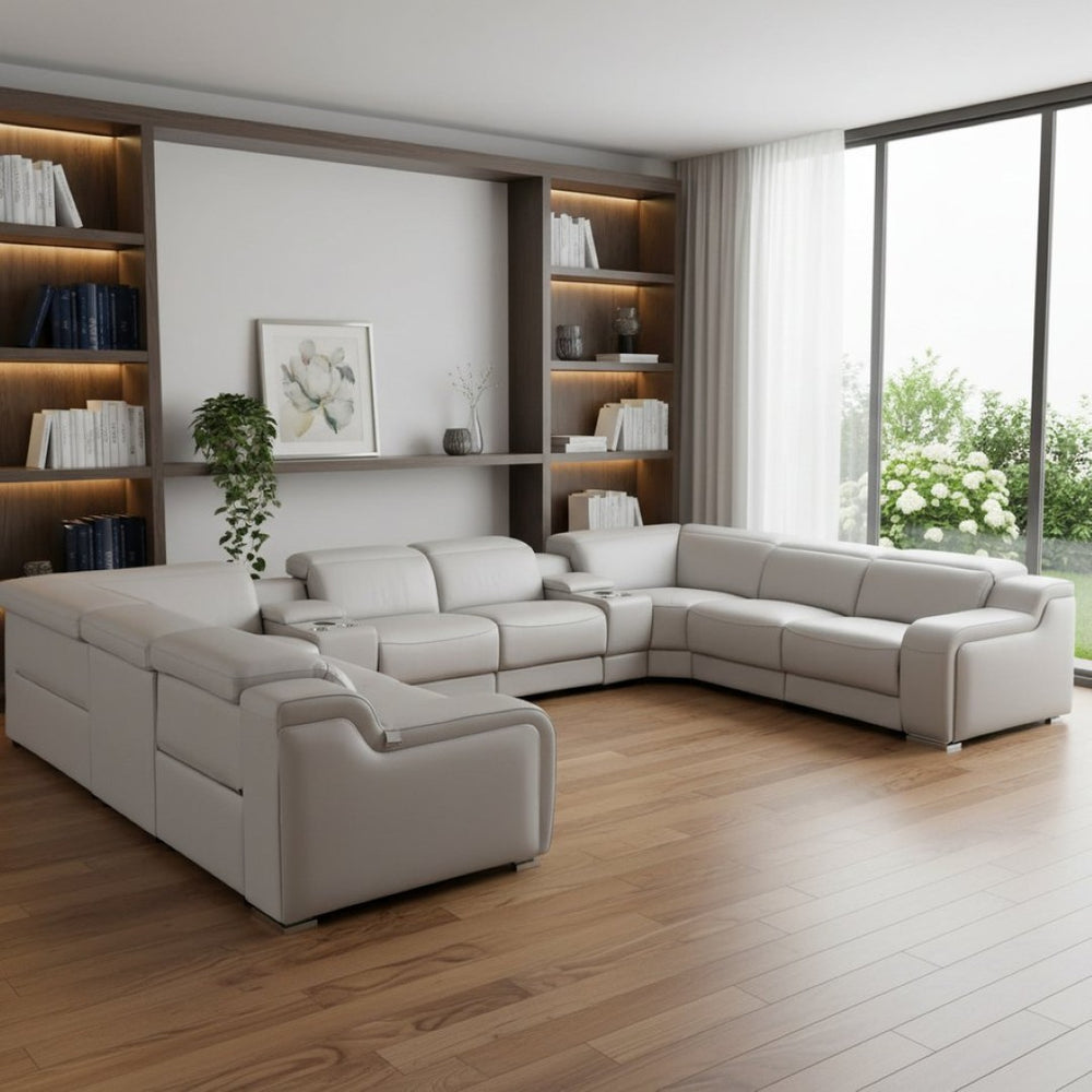 HomeRoots Light Gray Italian Leather U-Shaped Power Reclining Sectional with Console & Modern Tech Features 632580