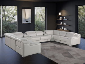 HomeRoots Light Gray Italian Leather U-Shaped Power Reclining Sectional with Console & Modern Tech Features 632580