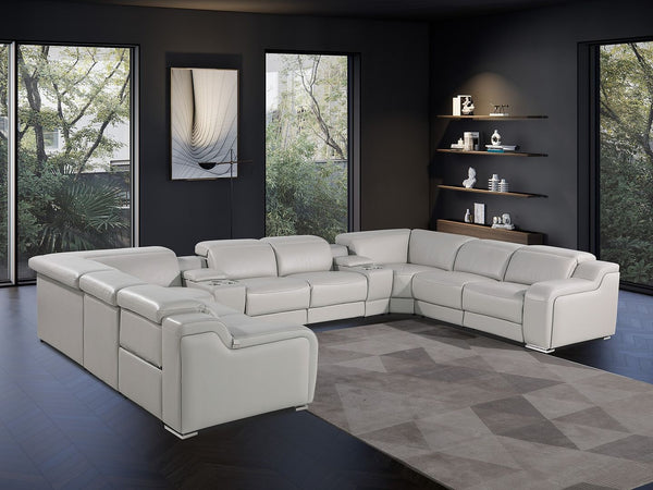 HomeRoots Light Gray Italian Leather U-Shaped Power Reclining Sectional with Console & Modern Tech Features 632580