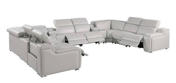 HomeRoots Light Gray Italian Leather U-Shaped Power Reclining Sectional with Console & Modern Tech Features 632580