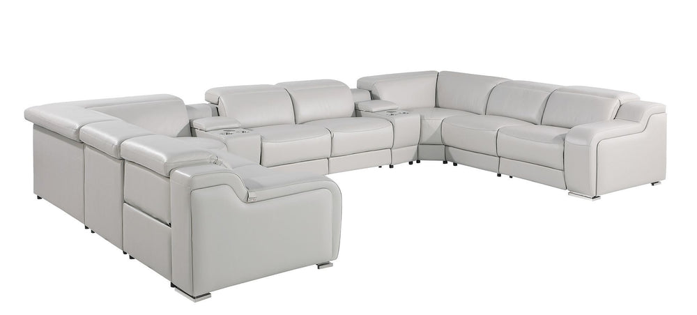 HomeRoots Light Gray Italian Leather U-Shaped Power Reclining Sectional with Console & Modern Tech Features 632580