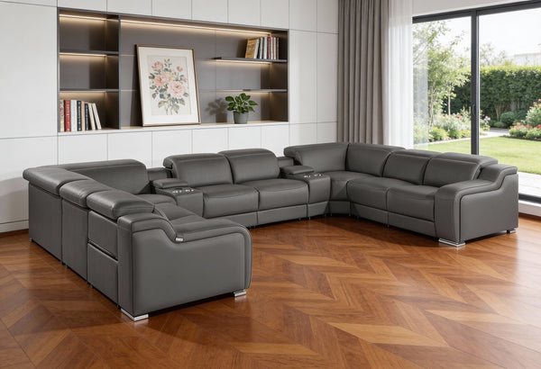 Italian Leather Power Reclining U-shaped Sectional with Built-in Storage Console Ten Piece Set