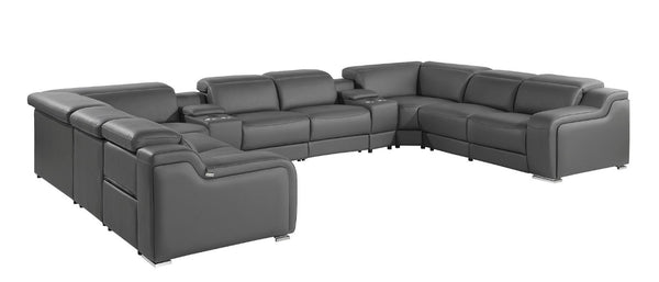 HomeRoots Italian Leather Power Reclining U-shaped Sectional with Built-in Storage Console Ten Piece Set Dark Gray 161" W x 39" H x 138" D 632581