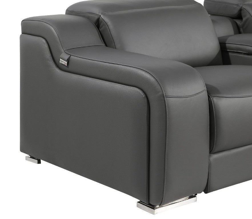 HomeRoots Italian Leather Power Reclining U-shaped Sectional with Built-in Storage Console Ten Piece Set Dark Gray 161" W x 39" H x 138" D 632581