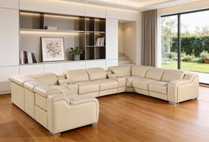 HomeRoots Beige Italian Leather Power Reclining U-Shaped Sectional Sofa - Luxurious Comfort & Modern Design 632582
