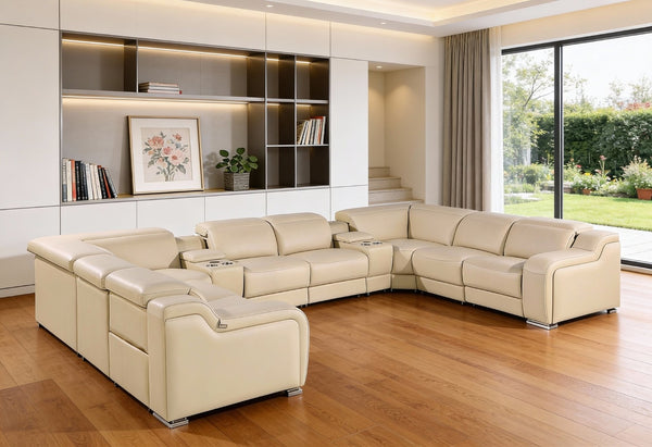HomeRoots Beige Italian Leather Power Reclining U-Shaped Sectional Sofa - Luxurious Comfort & Modern Design 632582