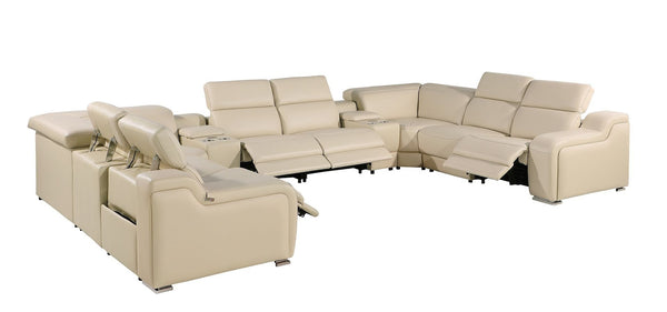 HomeRoots Beige Italian Leather Power Reclining U-Shaped Sectional Sofa - Luxurious Comfort & Modern Design 632582