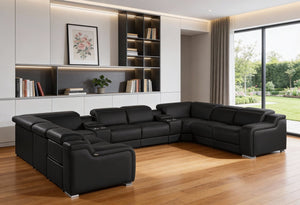 HomeRoots Black Italian Leather U-Shaped Power Reclining Sectional Sofa with Console - Luxurious Comfort & Style 632583