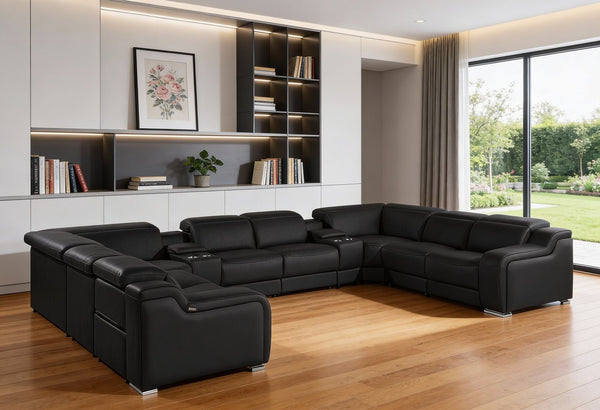 HomeRoots Black Italian Leather U-Shaped Power Reclining Sectional Sofa with Console - Luxurious Comfort & Style 632583