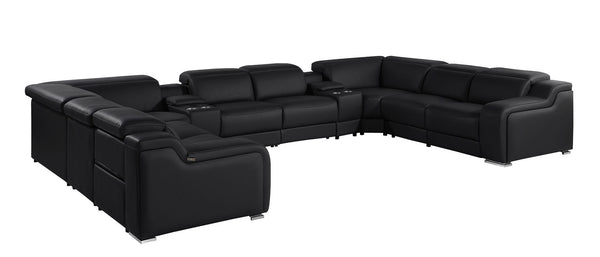HomeRoots Black Italian Leather U-Shaped Power Reclining Sectional Sofa with Console - Luxurious Comfort & Style 632583