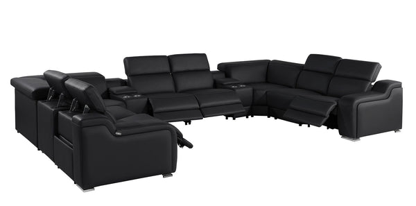HomeRoots Black Italian Leather U-Shaped Power Reclining Sectional Sofa with Console - Luxurious Comfort & Style 632583