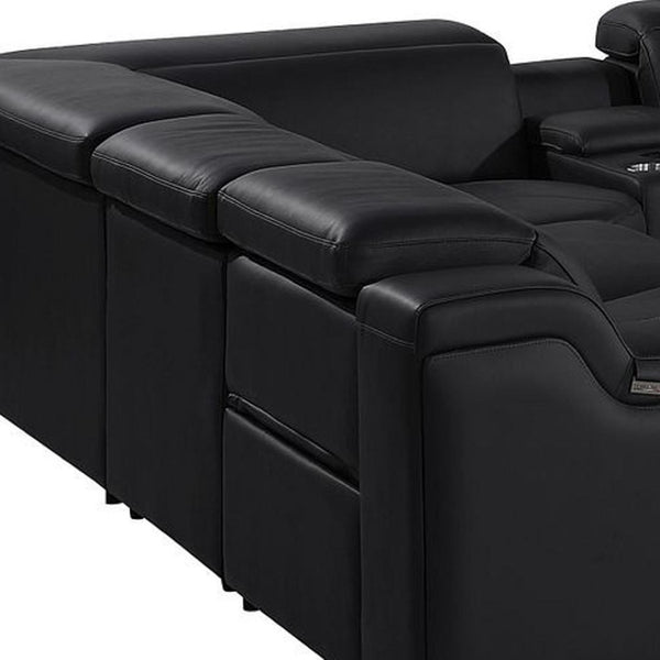 HomeRoots Black Italian Leather U-Shaped Power Reclining Sectional Sofa with Console - Luxurious Comfort & Style 632583