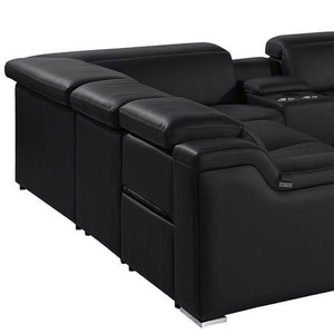 HomeRoots Black Italian Leather U-Shaped Power Reclining Sectional Sofa with Console - Luxurious Comfort & Style 632583