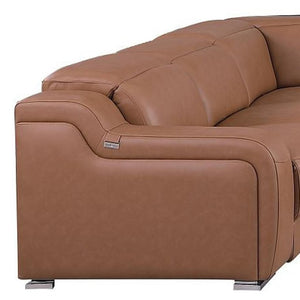 HomeRoots Chestnut Italian Leather Power Reclining U-Shaped Sectional Sofa with Console for Modern Living Spaces 632584