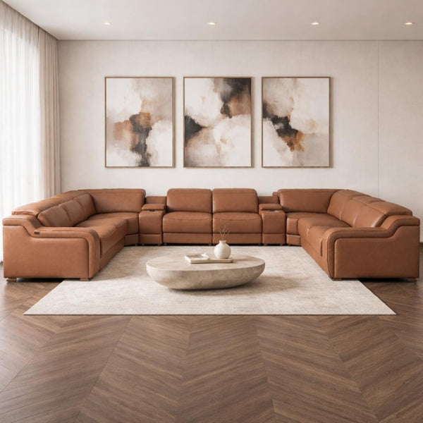 HomeRoots Chestnut Italian Leather Power Reclining U-Shaped Sectional Sofa with Console for Modern Living Spaces 632584