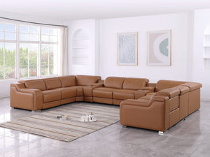HomeRoots Chestnut Italian Leather Power Reclining U-Shaped Sectional Sofa with Console for Modern Living Spaces 632584