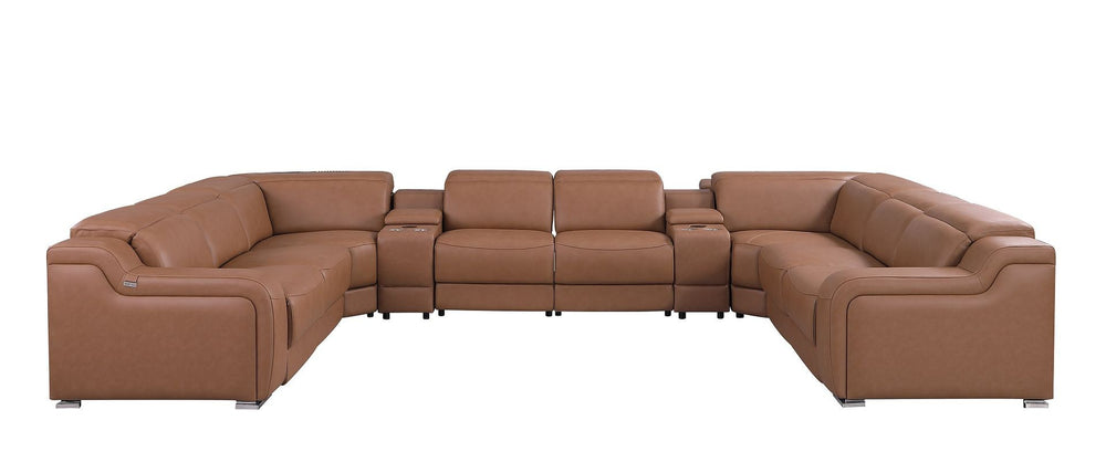 HomeRoots Chestnut Italian Leather Power Reclining U-Shaped Sectional Sofa with Console for Modern Living Spaces 632584