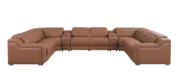 HomeRoots Chestnut Italian Leather Power Reclining U-Shaped Sectional Sofa with Console for Modern Living Spaces 632584
