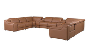 HomeRoots Chestnut Italian Leather Power Reclining U-Shaped Sectional Sofa with Console for Modern Living Spaces 632584