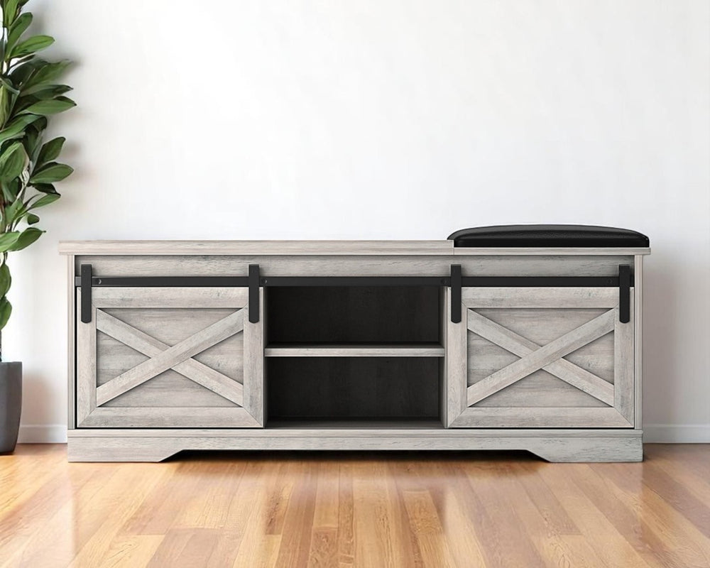 HomeRoots 47" Gray and Black Faux Leather Storage Bench with Shelves - Versatile Seating for Entryway Charm 632590