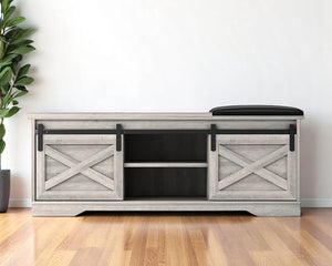 HomeRoots 47" Gray and Black Faux Leather Storage Bench with Shelves - Versatile Seating for Entryway Charm 632590