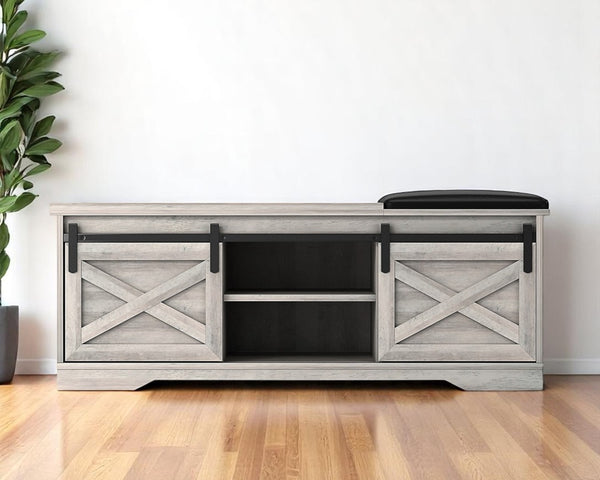 HomeRoots 47" Gray and Black Faux Leather Storage Bench with Shelves - Versatile Seating for Entryway Charm 632590
