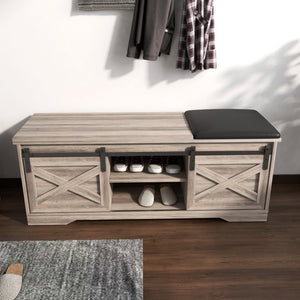 HomeRoots 47" Gray and Black Faux Leather Storage Bench with Shelves - Versatile Seating for Entryway Charm 632590