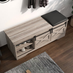 HomeRoots 47" Gray and Black Faux Leather Storage Bench with Shelves - Versatile Seating for Entryway Charm 632590